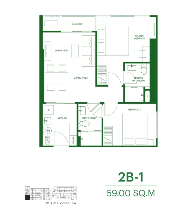 Sale DownCondoLadprao, Central Ladprao : Selling down payment The Line Vibe, 2 bedrooms, 2 bathrooms (2B-1), size 59 sq m., 32nd floor, south side.