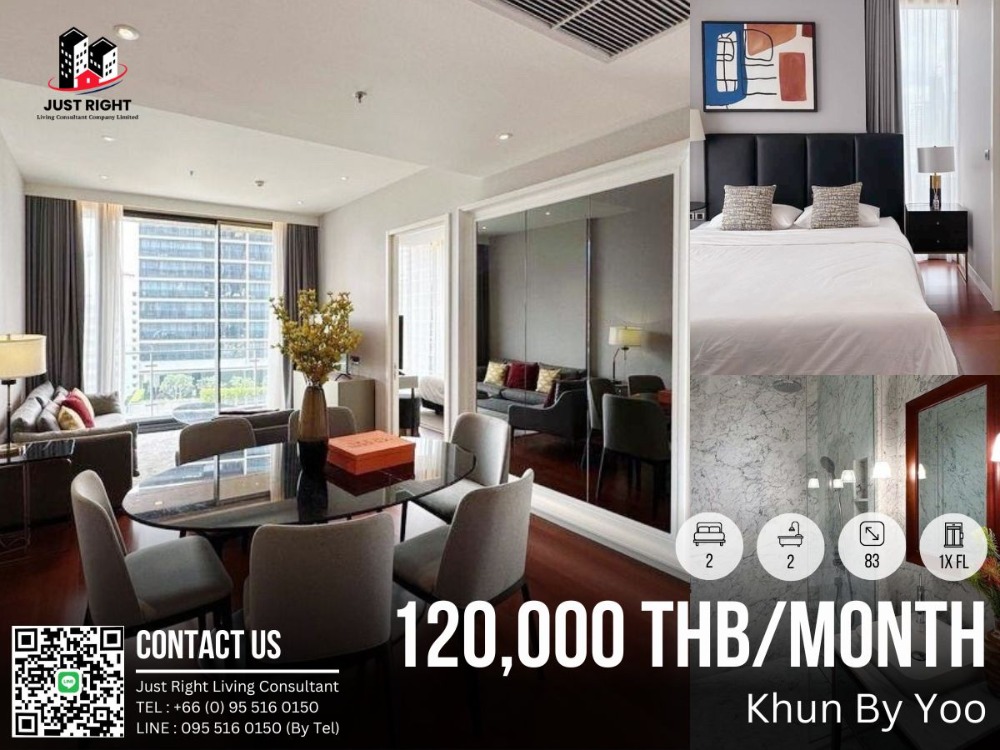For RentCondoSukhumvit, Asoke, Thonglor : For rent Khun By Yoo 2 bedroom, 2 bathroom, 83 sq.m, 1x Floor, Fully furnished, 120,000/month, 1 year contract only