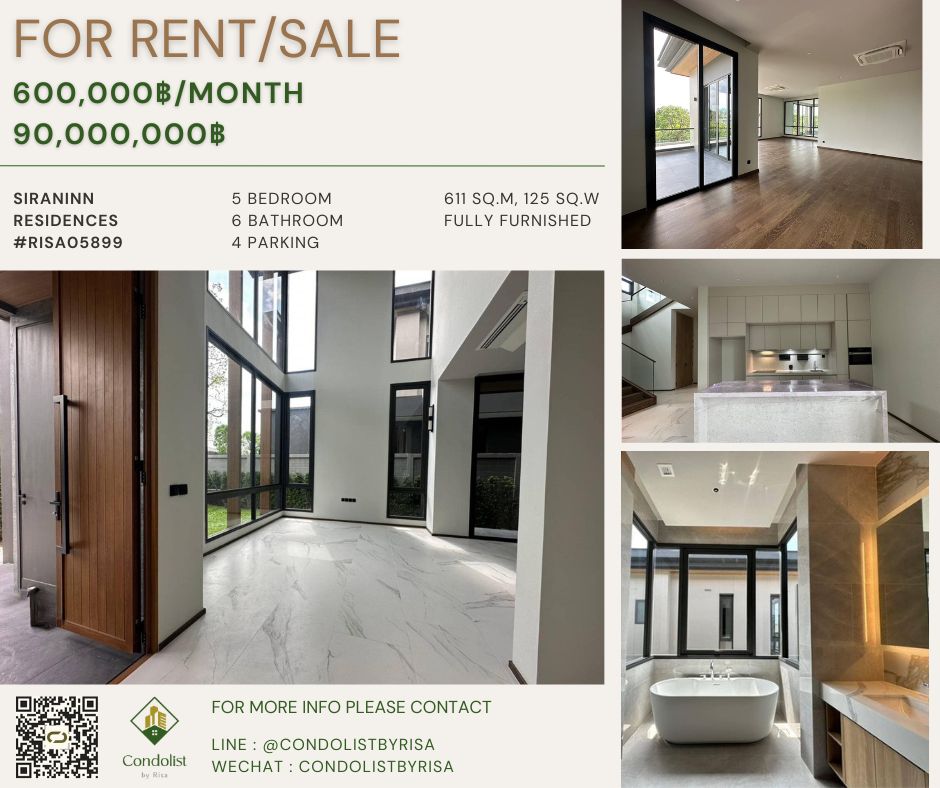 For RentHousePattanakan, Srinakarin : Risa05899 Single house for rent, Siranin Residences, 611 sq m, 125 sq m, 5 bedrooms, 6 bathrooms, 600,000 baht only.