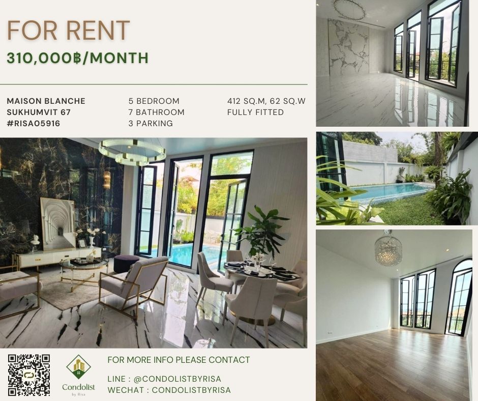 For RentHouseSukhumvit, Asoke, Thonglor : Risa05916 Single house for rent, Maison Blanche Sukhumvit 67, 412 sq m, 62 sq m, 5 bedrooms, 7 bathrooms, 310,000 baht only.