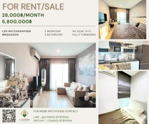 For RentCondoRatchadapisek, Huaikwang, Suttisan : Risa02210 Condo for rent, Life Ratchadaphisek, 56 sq m, 14th floor, 2 bedrooms, 2 bathrooms, 28,000 baht only.