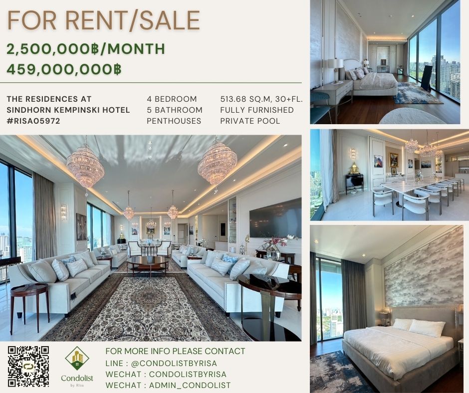 For SaleCondoWitthayu, Chidlom, Langsuan, Ploenchit : Risa05972 Penthouse for sale, The Residence at Sindhorn Kempinski Hotel Bangkok, 513.68 sq m, 30+ floor, 4 bedrooms, 5 bathrooms, 459 million baht only.