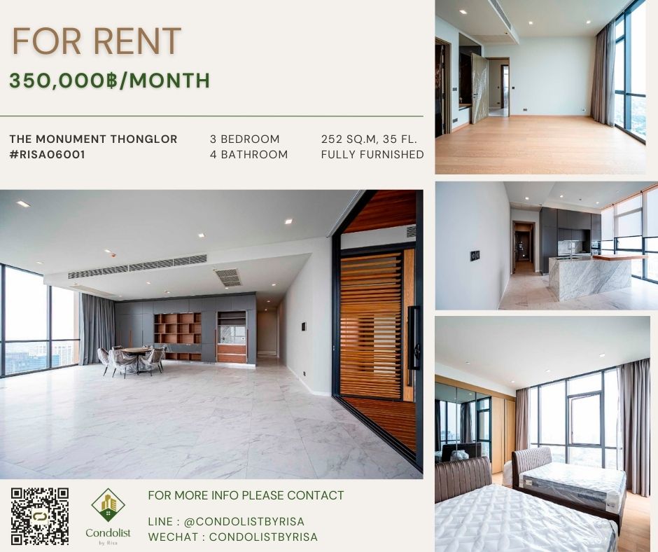 For RentCondoSukhumvit, Asoke, Thonglor : Risa06001 Condo for rent, The Monument Thonglor, 252 sq m, 35th floor, 3 bedrooms, 4 bathrooms, 350,000 baht only.