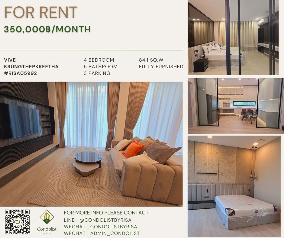 For RentHousePattanakan, Srinakarin : Risa05992 Single house for rent, Vive Krungthep Kreetha, 84.1 square wah, 4 bedrooms, 5 bathrooms, 350,000 baht only.