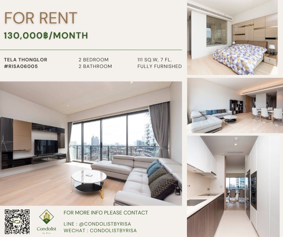 For RentCondoSukhumvit, Asoke, Thonglor : Risa06005 Condo for rent, Tela Thonglor, 111 sq m, 7th floor, 2 bedrooms, 2 bathrooms, 130,000 baht only.