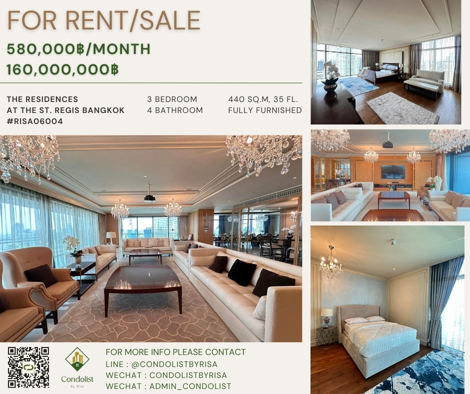 For SaleCondoWitthayu, Chidlom, Langsuan, Ploenchit : Risa06004 Condo for rent, The Residences at The St. Regis, 440 sq m, 35th floor, 3 bedrooms, 4 bathrooms, 160 million baht only.