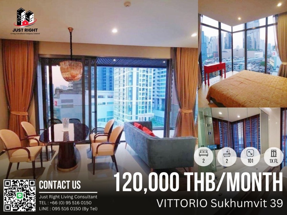 For RentCondoSukhumvit, Asoke, Thonglor : For rent, VITTORIO Sukhumvit 39, 2 bedroom, 2 bathroom, size 101 sq.m, 1x Floor, Fully furnished, only 120,000/m, 1 year contract only.