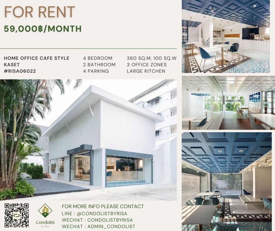 For RentHome OfficeKasetsart, Ratchayothin : Risa06022 Home office for rent, 2 floors, cafe style, Kasetsart, 3 office zones, 4 bedrooms, 4 parking spaces, only 59,000 baht.