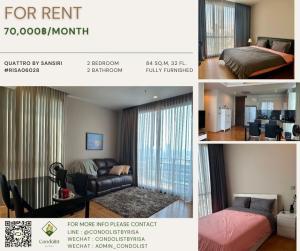 For RentCondoSukhumvit, Asoke, Thonglor : Risa06028 Condo for rent, Quattro by Sansiri, 84 sq m, 32nd floor, 2 bedrooms, 2 bathrooms, 70,000 baht only.