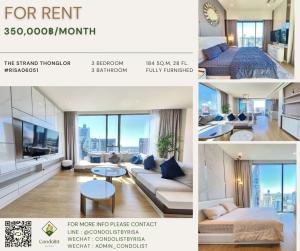 For RentCondoSukhumvit, Asoke, Thonglor : Risa06051 Condo for rent, The Strand Thonglor, 184 sq m, 28th floor, 3 bedrooms, 3 bathrooms, 350,000 baht only.