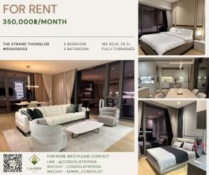For RentCondoSukhumvit, Asoke, Thonglor : Risa06052 Condo for rent, The Strand Thonglor, 185 sq m, 29th floor, 3 bedrooms, 3 bathrooms, 350,000 baht only.