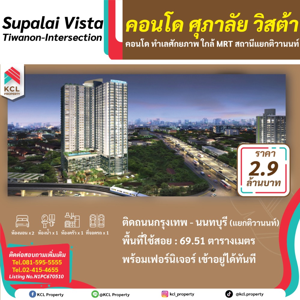 For SaleCondoRama5, Ratchapruek, Bangkruai : Condo for sale, Supalai Vista, Tiwanon Intersection, 69.51 sq m.