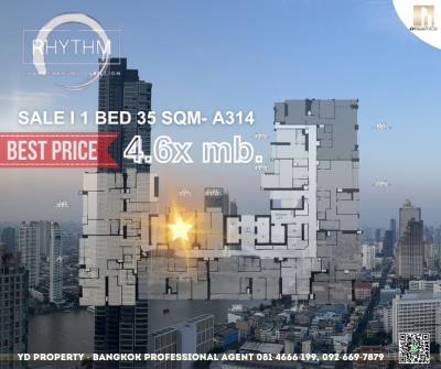 Sale DownCondoSathorn, Narathiwat : Sale: cheapest price, RHYTHM Charoenkrung PAVILLION 1 ฺBed 35 sqm., high floor 20+ (A314) - 4.6x million