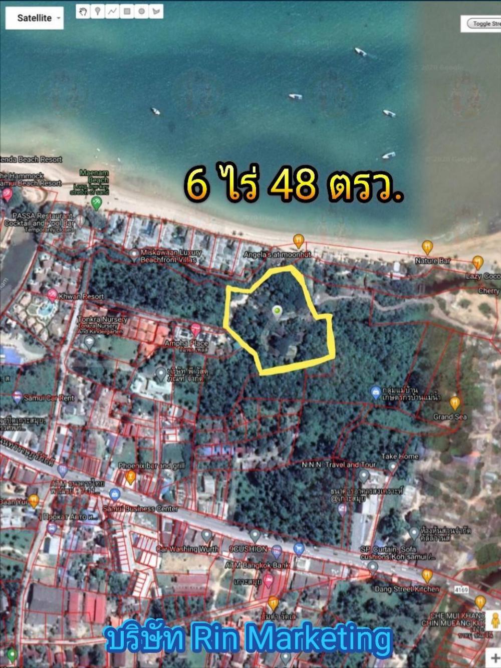 ขายที่ดินสมุย สุราษฎร์ธานี : ขายที่ดิน เกาะสมุย ติดหาดแม่น้ำ พร้อมบังกะโล ขนาด 6ไร่ 48 ตารางวา