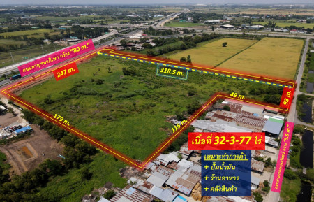 For SaleLandAyutthaya : Land for sale, Chiang Rak Noi Subdistrict Bang Pa-in - Ayutthaya (Adjacent to Kanchanaphisek Road, the way to Korat) 32-3-77 rai # Width 247 m. Road 80 m. # Suitable for building a gas station