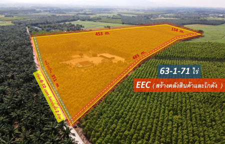 For SaleLandPattaya, Bangsaen, Chonburi : EEC land for sale, building warehouses and warehouses—Road 344, Chonburi Province (near many industrial estates) 63-1-71 rai, width 351 m., next to roads on both sides ## road size 10 m.
