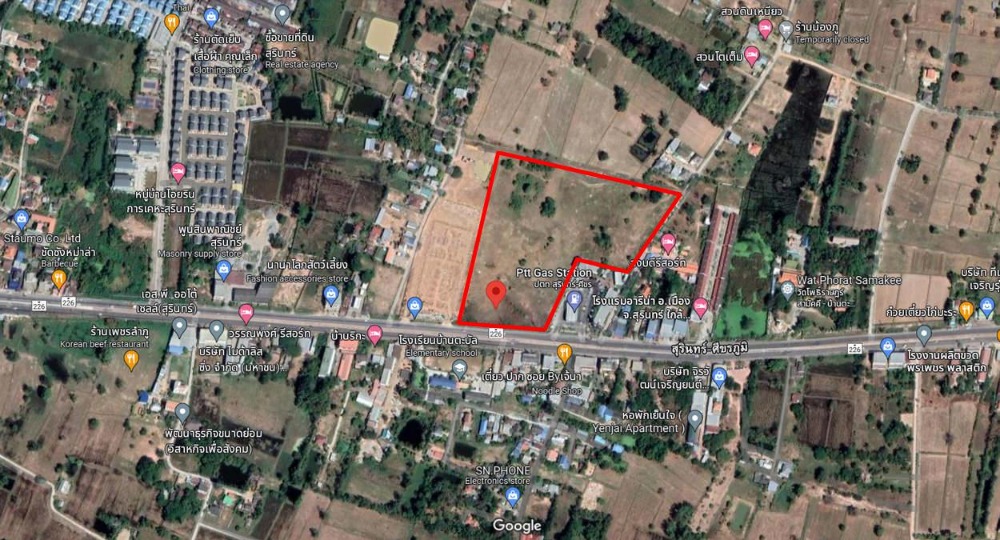 For SaleLandSurin : For inquiries, call 080-526-4515. Land for sale in downtown Surin, 31 rai at a large, beautiful plot. The car can go in and out in 2 ways. The front is wide, next to the main road, 4 lanes, the side is next to the main road, can park cars. Completed and r