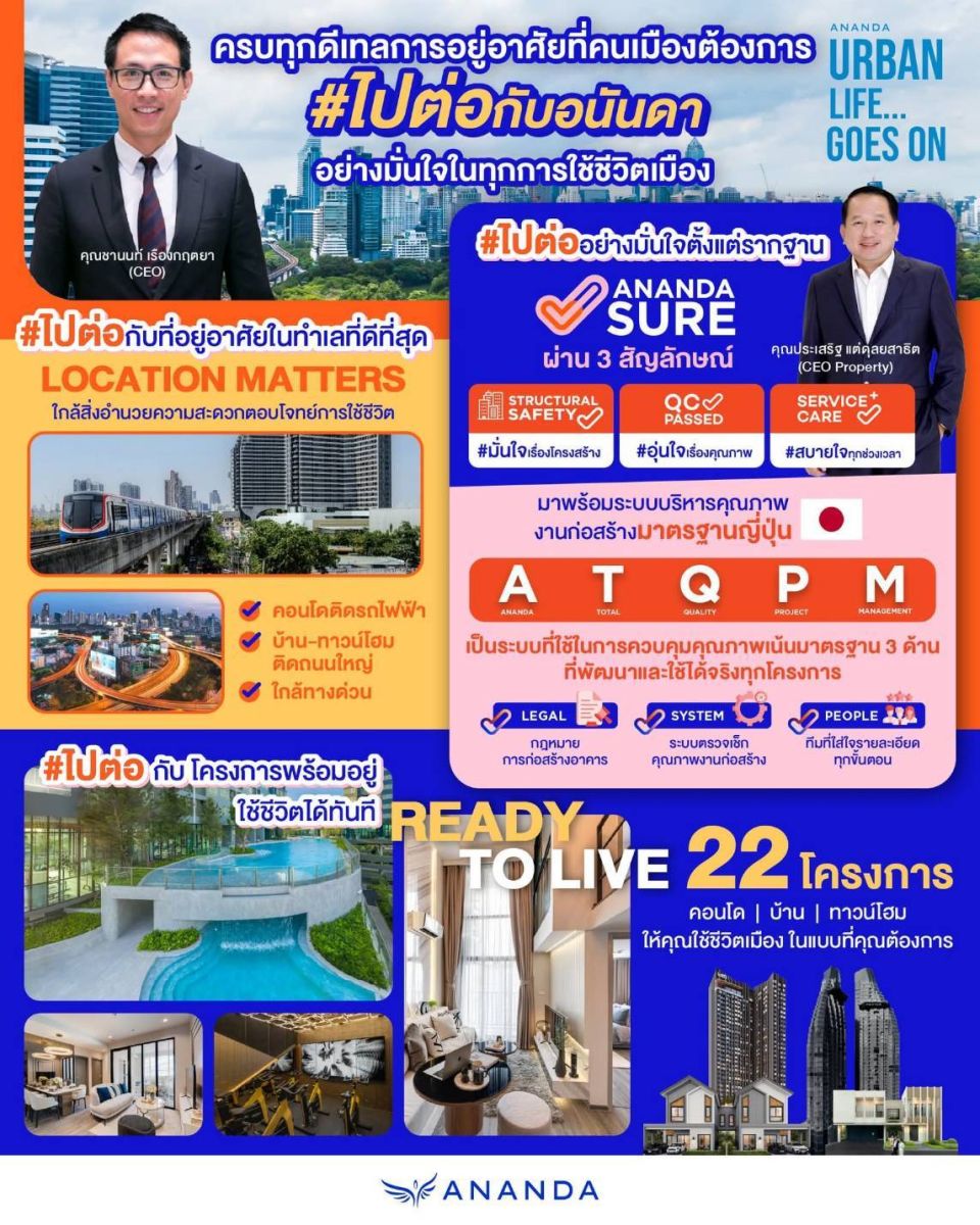 อนันดาฯ มั่นใจ “#ชีวิตเมืองไปต่อ... ไปกับอนันดา” ตอกย้ำผู้นำคอนโดในเมือง และเป็น Solutions ที่อยู่อาศัยคนเมืองที่ดีที่สุด