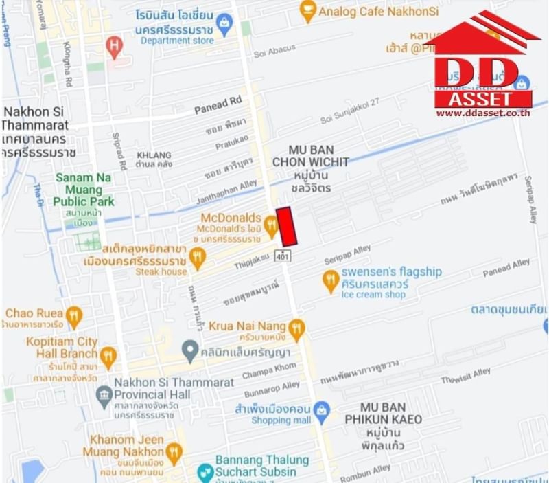 For SaleLandNakhon Si Thammarat : Beautiful plot of land for sale, next to Phatthanakan Khu Kwang Road, Mueang District, Nakhon Si Thammarat Province. In the heart of the business district, near Muang Thong, opposite McDonald's