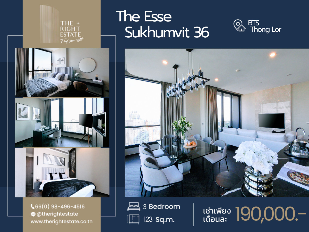ให้เช่าคอนโดสุขุมวิท อโศก ทองหล่อ : 🌿The Esse Sukhumvit 36🌿ห้องสวยมากกกก ตกแต่งแบบจัดเต็ม fully furnished 🛏 3 ห้องนอน 123.93 ตร.ม. Next to BTS ทองหล่อ