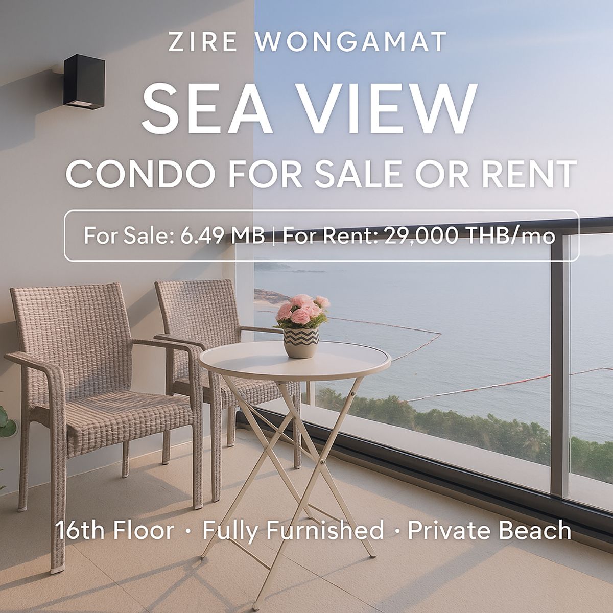 ขายคอนโดพัทยา บางแสน ชลบุรี สัตหีบ : [Owner Post]  BeachFront Zire Wongamat For Sale/Rent , Stunning Seaview with Fully Furnished Condo