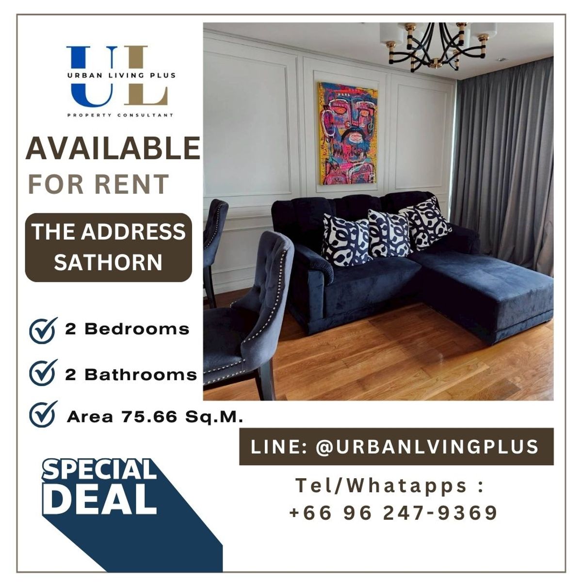 For RentCondoSathorn, Narathiwat : ( UL2508131 ) Tel/Line 096-2479369 , FOR RENT THE ADDRESS SATHORN 2 Bedroom 2 Bathroom 75.55 SQ.M. Rare Item!!