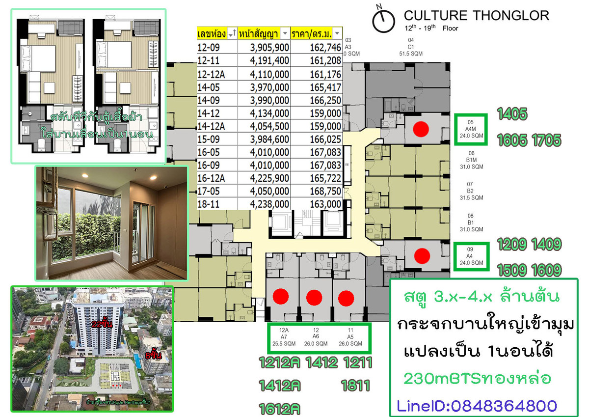 ขายดาวน์คอนโดสุขุมวิท อโศก ทองหล่อ : เท่าทุน! Culture Thonglor ถูกสุดในตึก ราคา 3.x-4.x ล้านต้น กระจกเข้ามุม ไม่บล๊อกวิว มีให้เลือกหลายห้อง