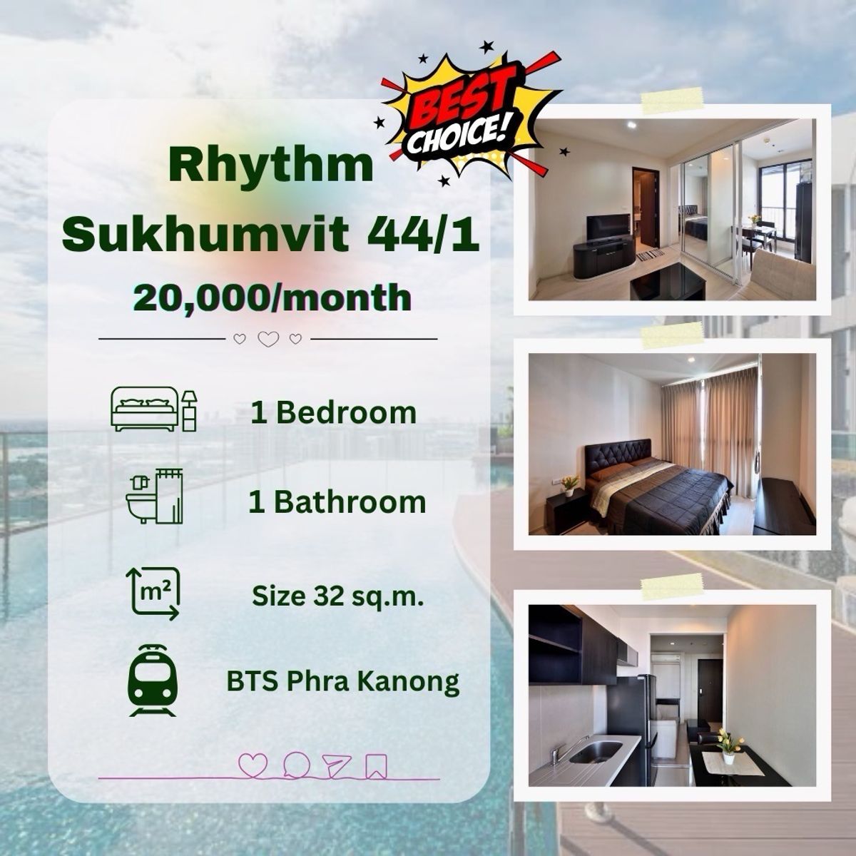 ให้เช่าคอนโดอ่อนนุช อุดมสุข : 🔥For rent / ให้เช่า Rhythm44/1 แบบ 1 ห้องนอนราคาพิเศษ 🔥