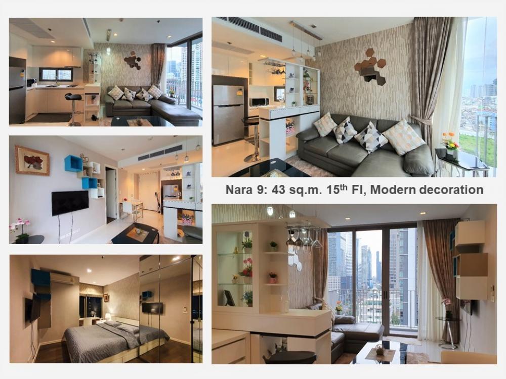 For RentCondoSathorn, Narathiwat : For Rent,  Nara 9, 43 sq m., 15th floor, corner room, modern style decoration (shown in the picture), clear view in the heart of Sathorn, north view (no hot).