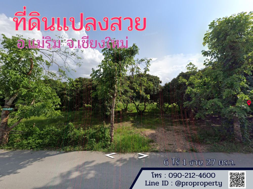 ขายที่ดินเชียงใหม่ : ขายที่ดินหน้ากว้าง  ใกล้แหล่งชุมชน จ.เชียงใหม่ อ.แม่ริม ต.เหมืองแก้ว 6 ไร่ 1 งาน 27 ตรว