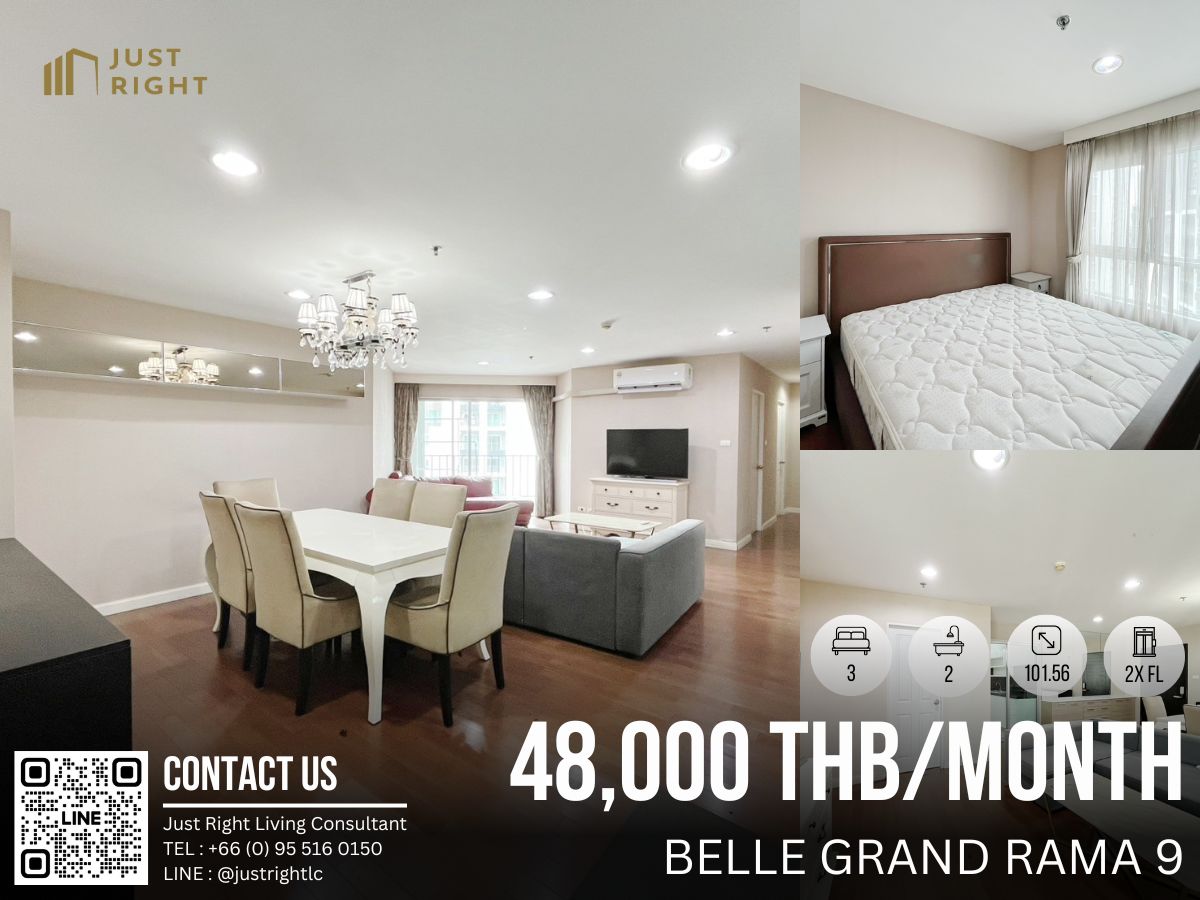 For RentCondoRama9, Petchburi, RCA : For rent, Belle Grand Rama 9, 3 bedrooms, 2 bathrooms, 101.56 sq m, C2 Tower, north, 2xth floor, fully furnished, complete with electrical appliances, special 48,000/m 1-2 y contract