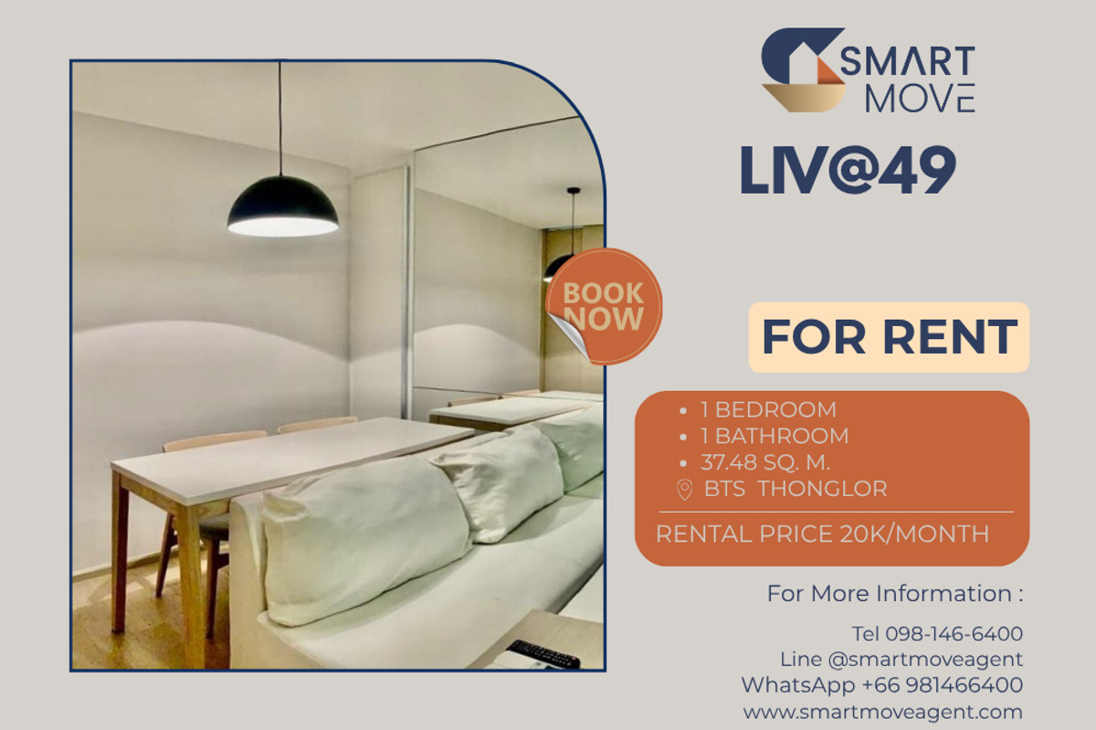 For RentCondoSukhumvit, Asoke, Thonglor : 🔥 For Rent !!🔥 Code C20230101552..........Liv@49, 1 bedroom, 1 bathroom, furnished, ready to move in 📣📣