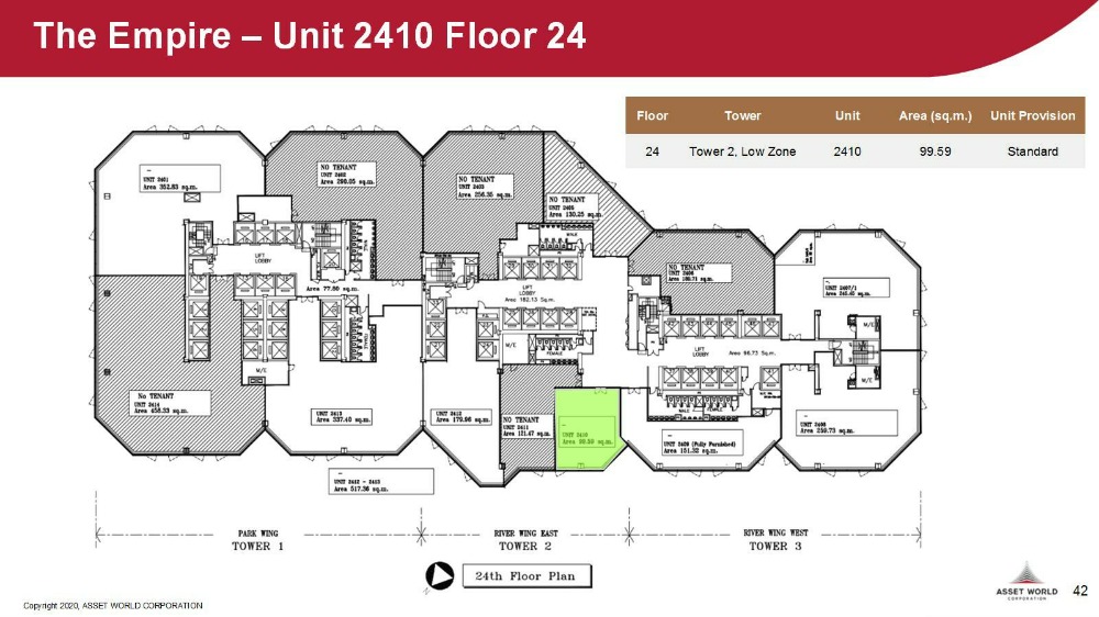 For RentOfficeSathorn, Narathiwat : Office space for rent, Empire Tower Building, 24th floor, area 99.59 sq m., rental fee 89,600 baht/month (900 baht per sq m)