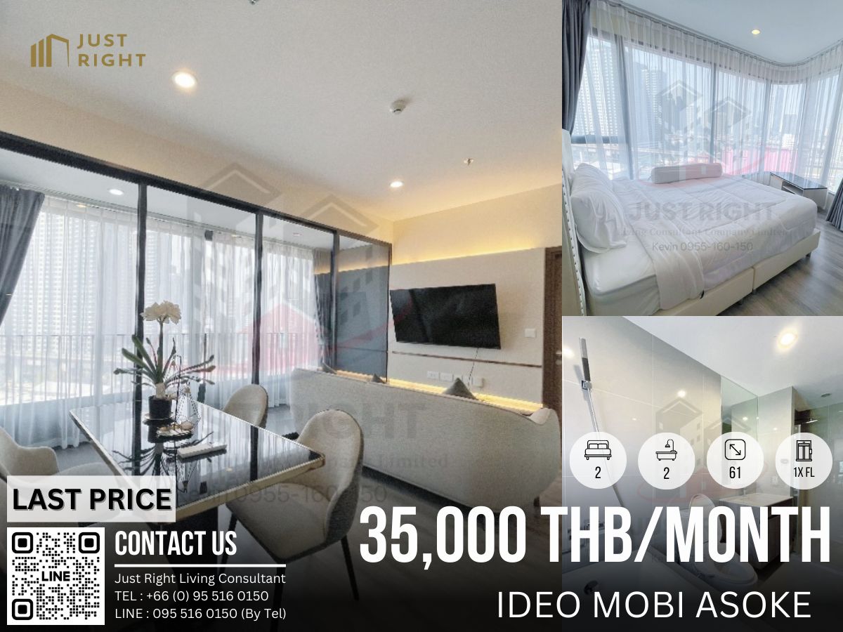 For RentCondoRama9, Petchburi, RCA : For Rent IDEO MOBI Asoke2 Bedroom 2 Bathrooms 61 sq.m., Floor 1X Full, Conner room, special discount from 50,000 only 35,000 baht/month, 1 year only