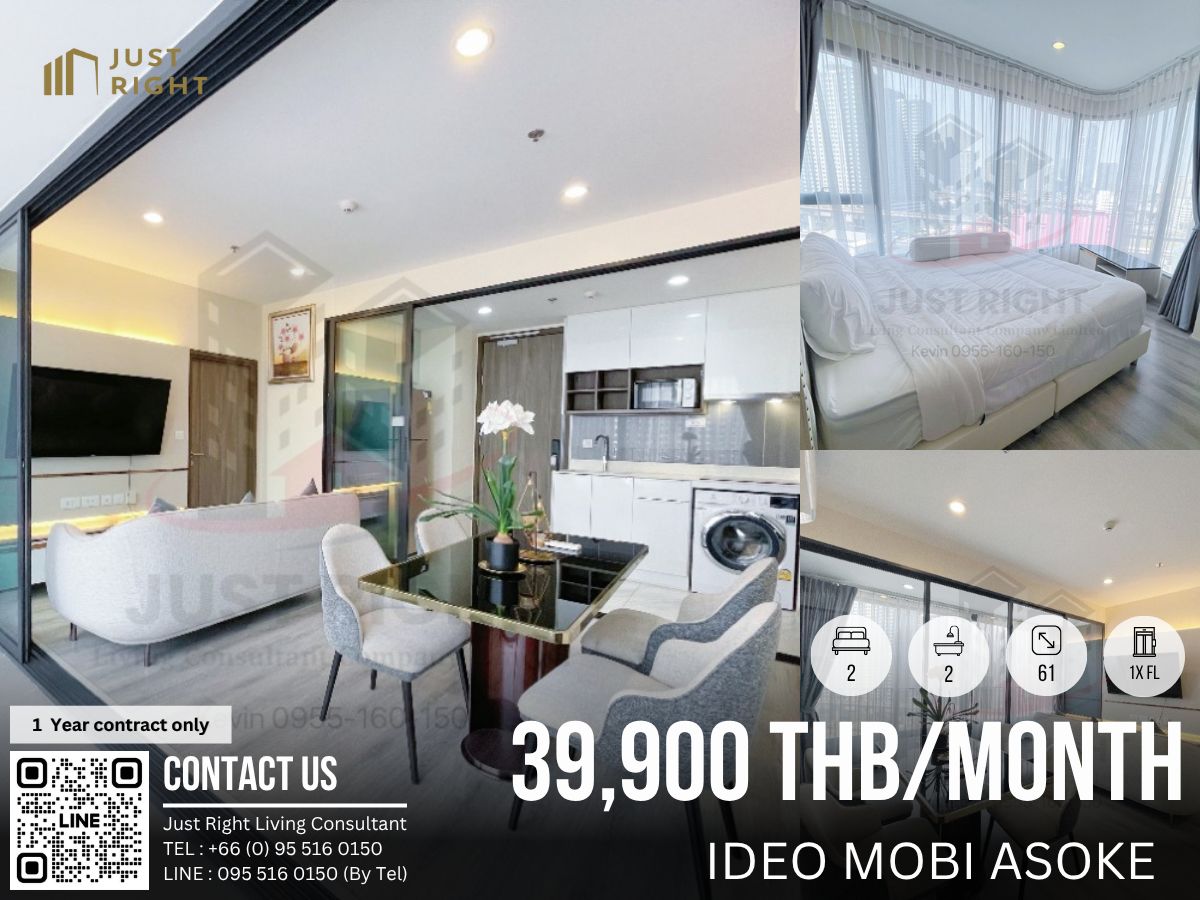 For RentCondoRama9, Petchburi, RCA : For rent, Ideo Mobi Asoke, 2 bedrooms, 2 bathrooms, 61* sq m, 1x floor, corner room, wide face, north side, fully furnished, complete electrical appliances, only 39,900 baht / month, 1 year contract only.