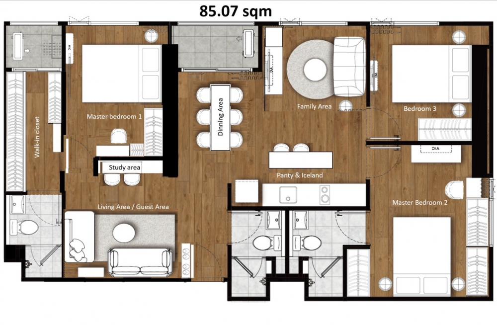 Sale DownCondoRamkhamhaeng, Hua Mak : Selling the largest room in the building (85sqm, a room that can be accessed in one corner), can be adjusted between 3-4 bedrooms with a walk-in closet, 3 bathrooms, living corner, family corner, working corner and built-in Island kitchen. comfortable