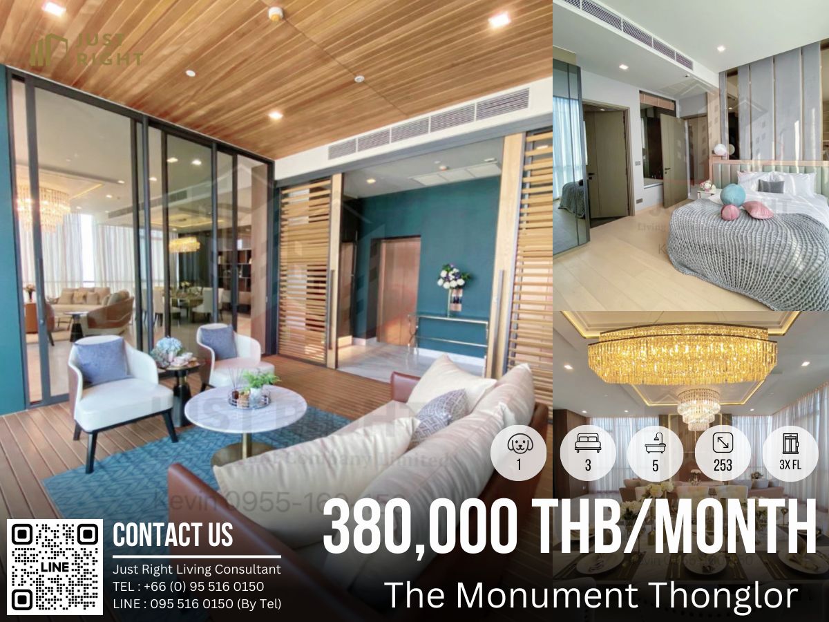 For RentCondoSukhumvit, Asoke, Thonglor : For Rent The Monument Thonglor, 3 bedrooms, 5 bathrooms, 253 sq.m., decorated Luxury Style, the best luxury project from Sansiri. Special price, only 380,000 baht/month, 1-2 years.