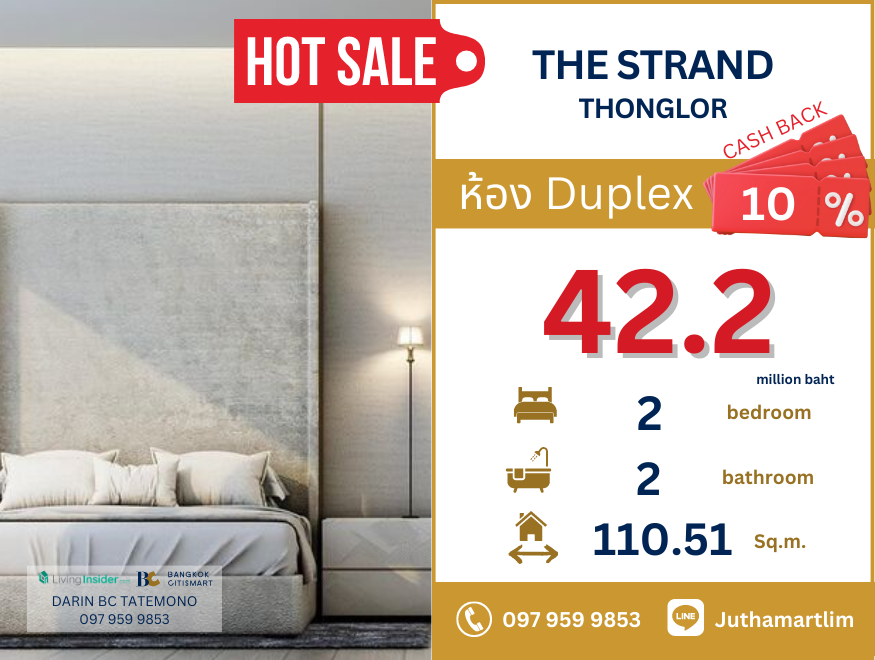 ขายคอนโดสุขุมวิท อโศก ทองหล่อ : 🔥 คอนโดหรูใจกลางทองหล่อ 🔥 The Strand Thonglor Duplex ขนาด 111.51 ตร.ม. SW