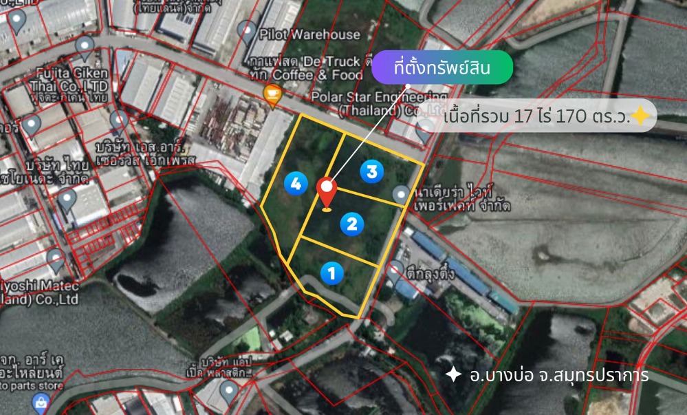 For SaleLandSamut Prakan,Samrong : Land for sale, 4 large plots next to each other, total area 17 rai 1 ngan 70 square wa, near Bang Phrieng Phatthana project, next to 2 roads, can be accessed from many routes, Bangna Trad and Thepharak, Bang Phriang Subdistrict, Bang Bo District, Samut Pr