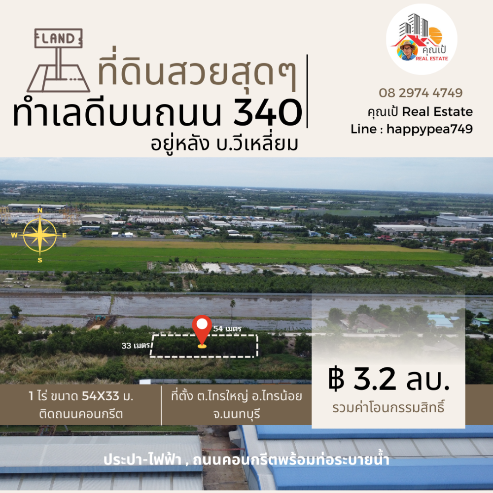 ขายที่ดินนนทบุรี บางใหญ่ บางบัวทอง : ขายที่ดิน 1 ไร่ ขอสินเชื่อธนาคารได้ ทำเลดีที่สุด บนถนน 340 เส้นบางบัวทอง-สุพรรณบุรี อำเภอไทรน้อย นนทบุรี
