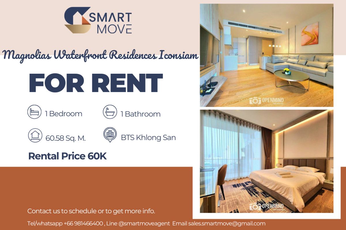 ให้เช่าคอนโดวงเวียนใหญ่ เจริญนคร : Code C20221205318....Magnolias Waterfront Residences สำหรับเช่า, 1 ห้องนอน, 1 ห้องน้ำ, ชั้นสูง, แต่งครบ, พร้อมเข้าอยู่
