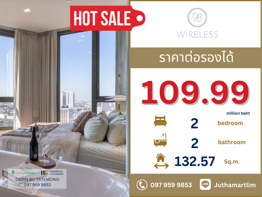 ขายคอนโดวิทยุ ชิดลม หลังสวน : 🔥พร้อมอยู่+เฟอร์นิเจอร์ 🔥 98 Wireless 2 ห้งอนอน 2 ห้องน้ำ วิวเมือง สวยมาก