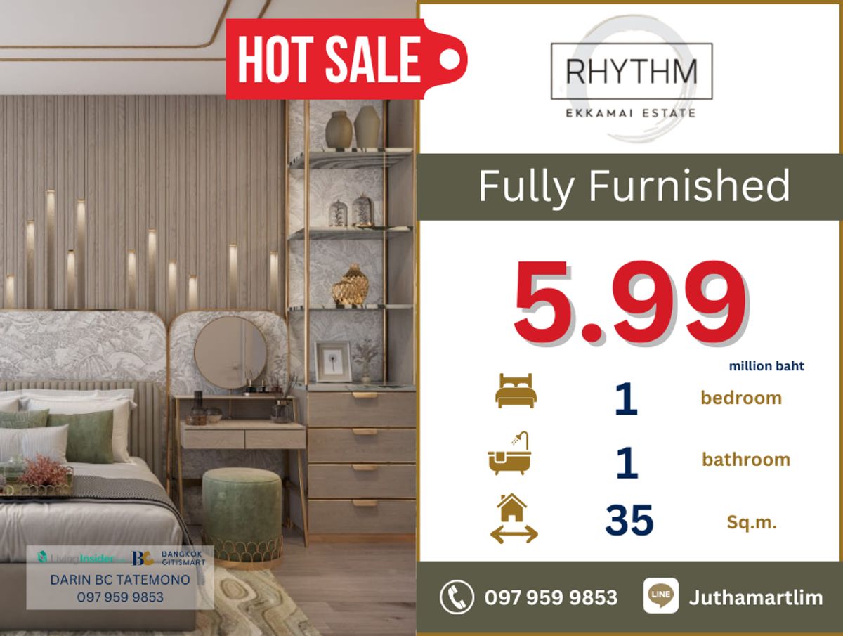 ขายคอนโดสุขุมวิท อโศก ทองหล่อ : 🔥ซื้อตรงกับโครงการ🔥 Rhythm Ekkamai Estate 1 ห้องนอน 1 ห้องน้ำ ชั้น 19 ขนาด 35 ตร.ม. แต่งครบ พร้อมเข้าอยู่ 097 959 9853