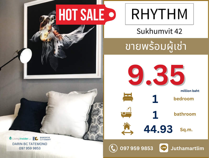 For SaleCondoSukhumvit, Asoke, Thonglor : 🔥For sale with Japanese tenant🔥 RHYTHM Sukhumvit 42 bedrooms, 1 bathroom, 32nd floor, beautiful view, size 44.93 sq m. Price 9.35 million baht 097 959 9853