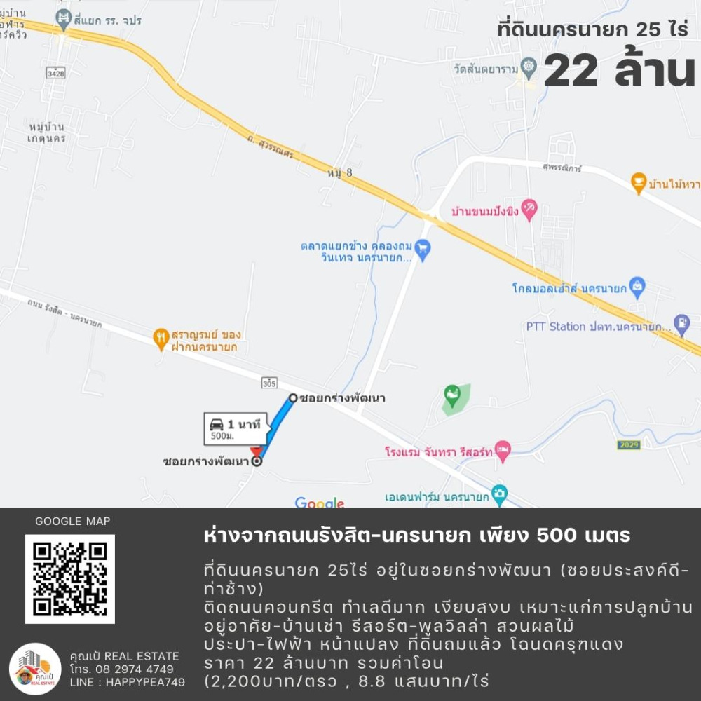 ขายที่ดินนครนายก : ที่ดินนครนายก 25 ไร่ ถนนรังสิต-นครนายก อยู่ในซอยกร่างพัฒนา (ซอยประสงค์ดี-ท่าช้าง) เพียง 500 เมตร  ติดถนนคอนกรีต