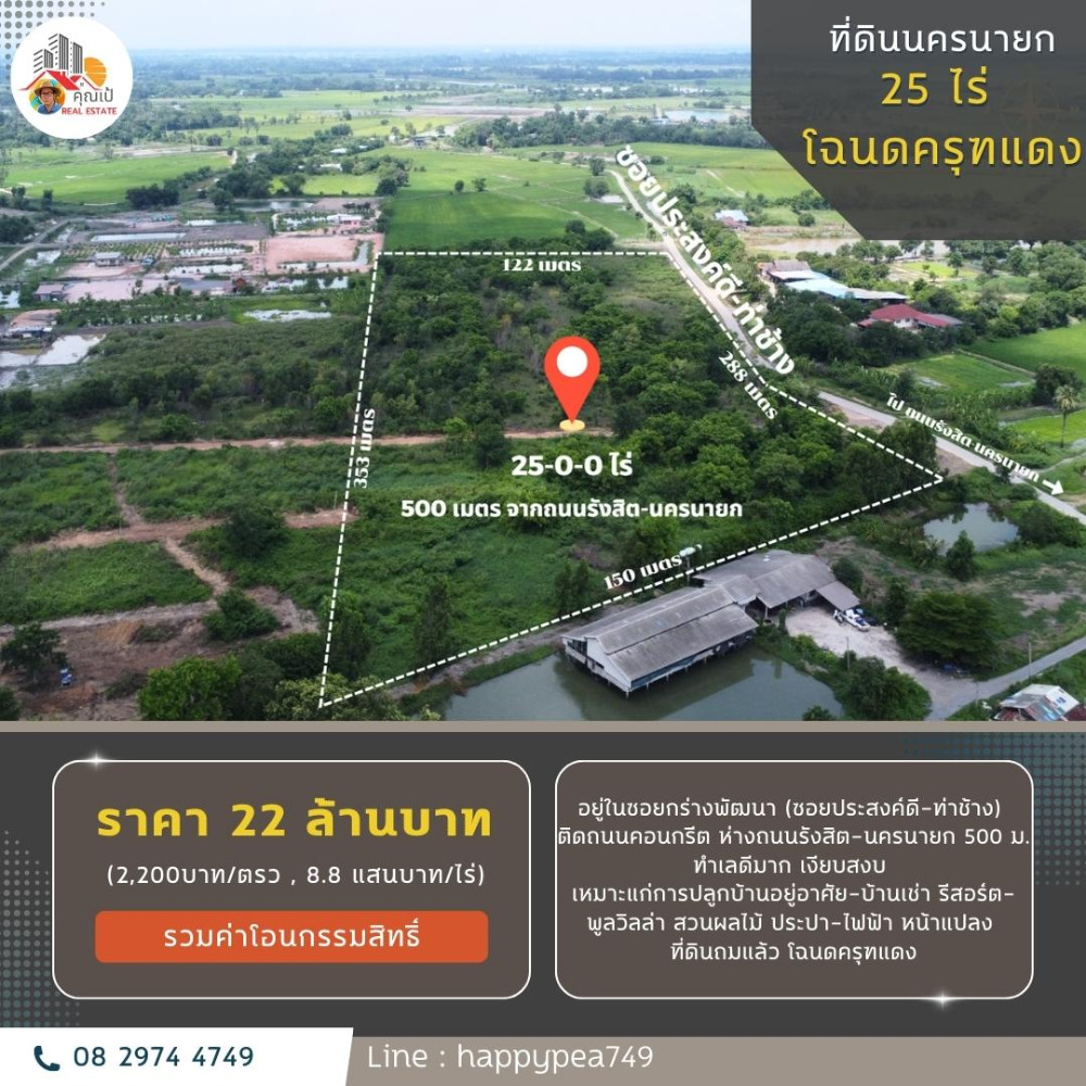ขายที่ดินนครนายก : ที่ดินนครนายก 25 ไร่ ถนนรังสิต-นครนายก อยู่ในซอยกร่างพัฒนา (ซอยประสงค์ดี-ท่าช้าง) เพียง 500 เมตร  ติดถนนคอนกรีต