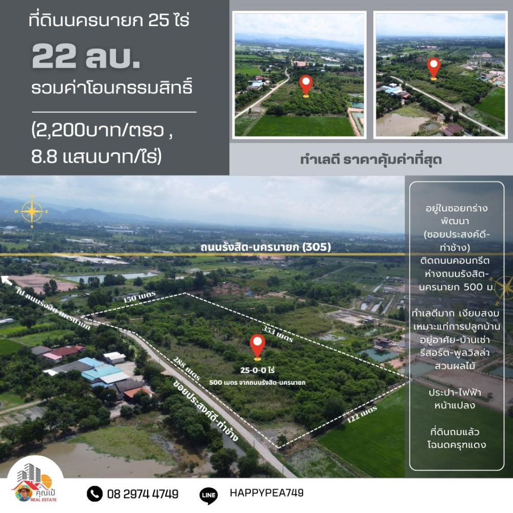 ขายที่ดินนครนายก : ที่ดินนครนายก 25 ไร่ ถนนรังสิต-นครนายก อยู่ในซอยกร่างพัฒนา (ซอยประสงค์ดี-ท่าช้าง) เพียง 500 เมตร  ติดถนนคอนกรีต