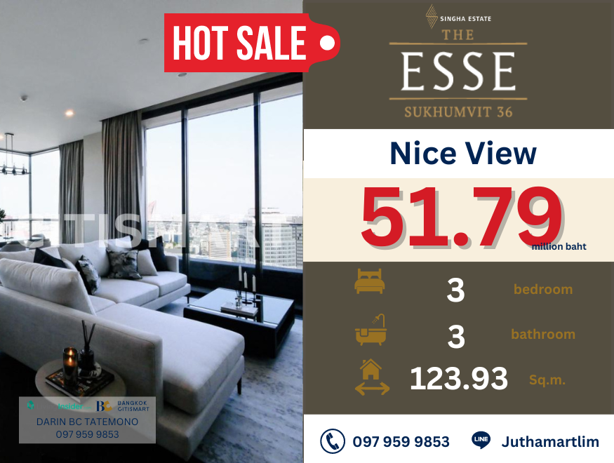 ขายคอนโดสุขุมวิท อโศก ทองหล่อ : 🔥 แต่งครบ 🔥 The Esse Sukhumvit 36 | 3 bedrooms 3 bathrooms 123.93 sq.m. 37 th Floor Price: 51,790,000 baht