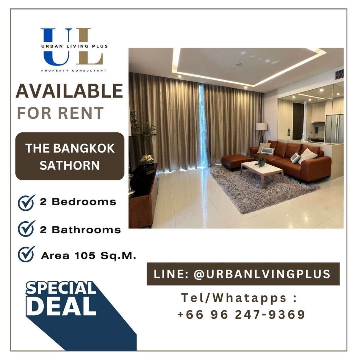 ให้เช่าคอนโดสาทร นราธิวาส : ( UL2308224 ) Tel/Line 096-2479369 , The Bangkok Sathorn ให้เช่า, 2 ห้องนอน, 2 ห้องน้ำ, ห้องสวย, ห้องใหม่, มีระเบียง พร้อมเข้าอยู่