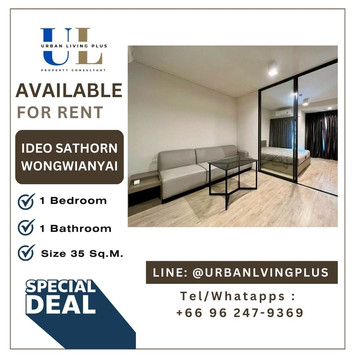 For RentCondoWongwianyai, Charoennakor : ( UL2504041 ) Tel/Line 096-2479369, FOR RENT IDEO SATHORN WONGWAINYAI , 1 bedroom, 1 bathroom, 35 Sq.M. Nice room !!!